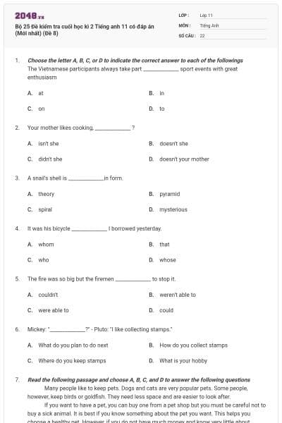 Bộ 25 Đề kiểm tra cuối học kì 2 Tiếng anh 11 có đáp án (Mới nhất) (Đề 8)