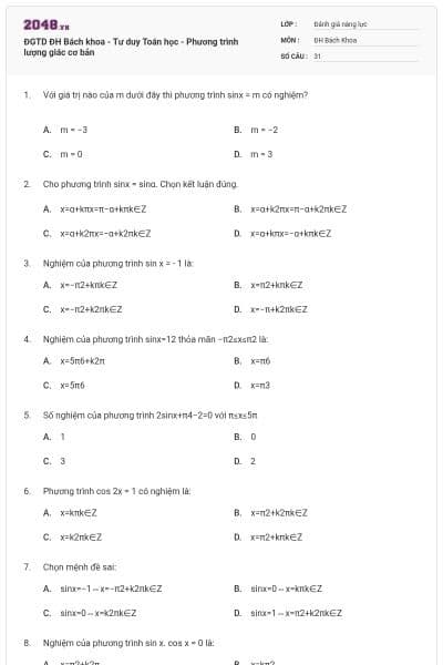 ĐGTD ĐH Bách khoa - Tư duy Toán học - Phương trình lượng giác cơ bản