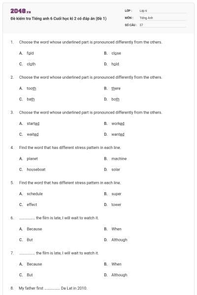 Đề kiểm tra Tiếng anh 6 Cuối học kì 2 có đáp án (Đề 1)