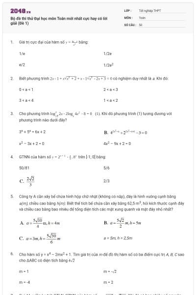 Bộ đề thi thử Đại học môn Toán mới nhất cực hay có lời giải (Đề 1)