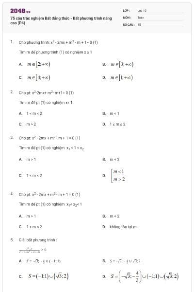 75 câu trắc nghiệm Bất đẳng thức - Bất phương trình nâng cao (P4)