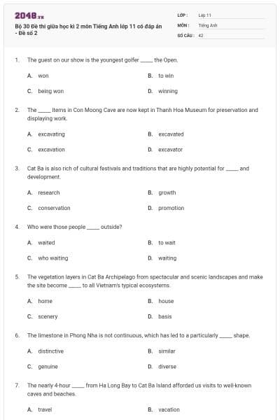 Bộ 30 Đề thi giữa học kì 2 môn Tiếng Anh lớp 11 có đáp án - Đề số 2