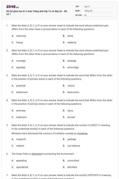 Đề thi giữa học kì 2 môn Tiếng Anh lớp 12 có đáp án - Đề số 1