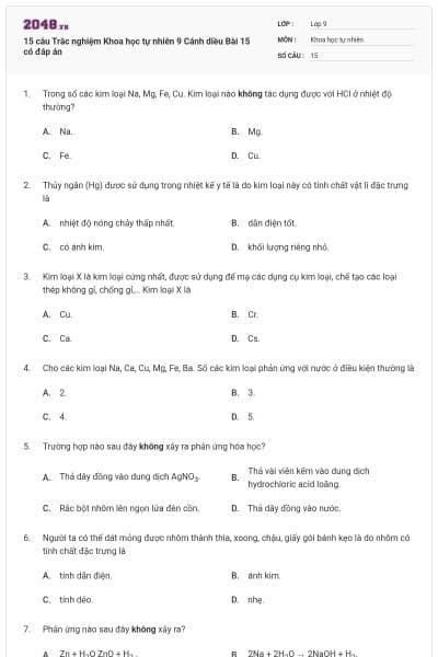 15 câu Trắc nghiệm Khoa học tự nhiên 9 Cánh diều Bài 15 có đáp án