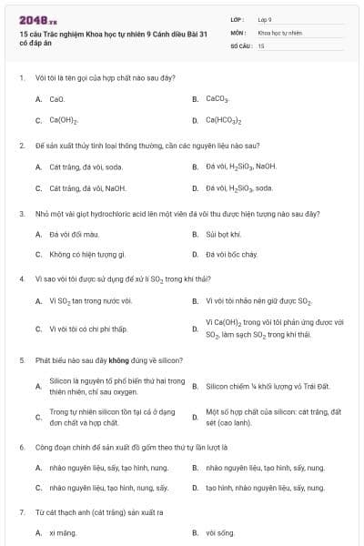 15 câu Trắc nghiệm Khoa học tự nhiên 9 Cánh diều Bài 31 có đáp án