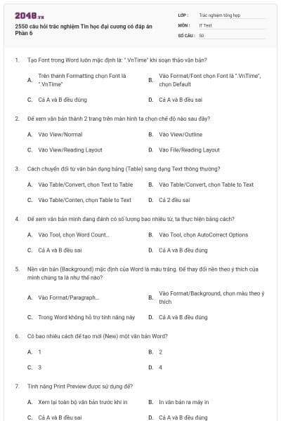 2550 câu hỏi trắc nghiệm Tin học đại cương có đáp án Phần 6