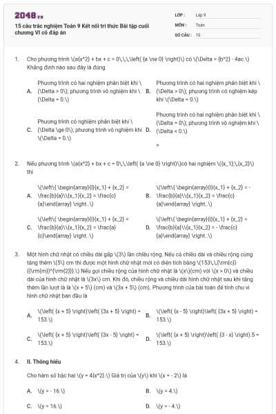15 câu trắc nghiệm Toán 9 Kết nối tri thức Bài tập cuối chương VI có đáp án