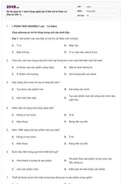 Đề thi giữa kì 1 môn Công nghệ lớp 5 Kết nối tri thức có đáp án (Đề 1)