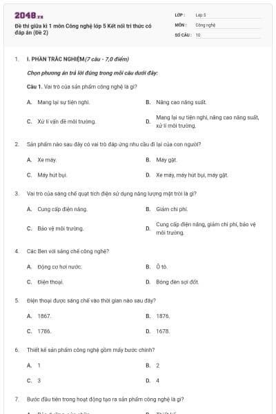 Đề thi giữa kì 1 môn Công nghệ lớp 5 Kết nối tri thức có đáp án (Đề 2)