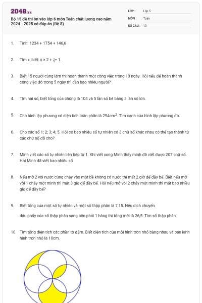 Bộ 15 đề thi ôn vào lớp 6 môn Toán chất lượng cao năm 2024 - 2025 có đáp án (Đề 8)