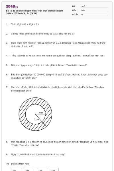 Bộ 15 đề thi ôn vào lớp 6 môn Toán chất lượng cao năm 2024 - 2025 có đáp án (Đề 10)