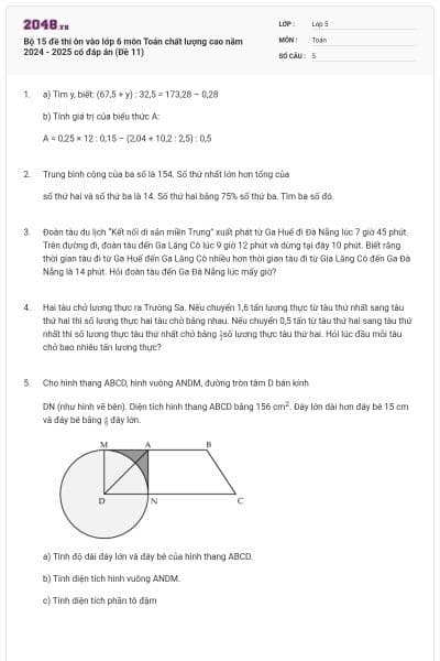 Bộ 15 đề thi ôn vào lớp 6 môn Toán chất lượng cao năm 2024 - 2025 có đáp án (Đề 11)
