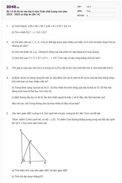 Bộ 15 đề thi ôn vào lớp 6 môn Toán chất lượng cao năm 2024 - 2025 có đáp án (Đề 14)
