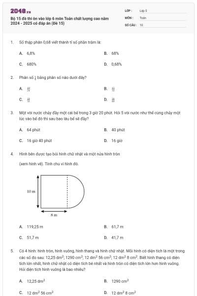 Bộ 15 đề thi ôn vào lớp 6 môn Toán chất lượng cao năm 2024 - 2025 có đáp án (Đề 15)
