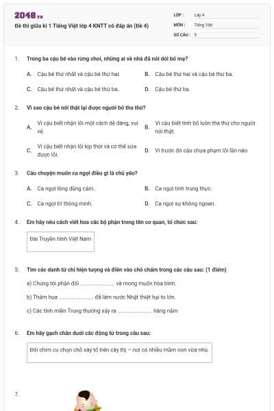 Đề thi giữa kì 1 Tiếng Việt lớp 4 KNTT có đáp án (Đề 4)