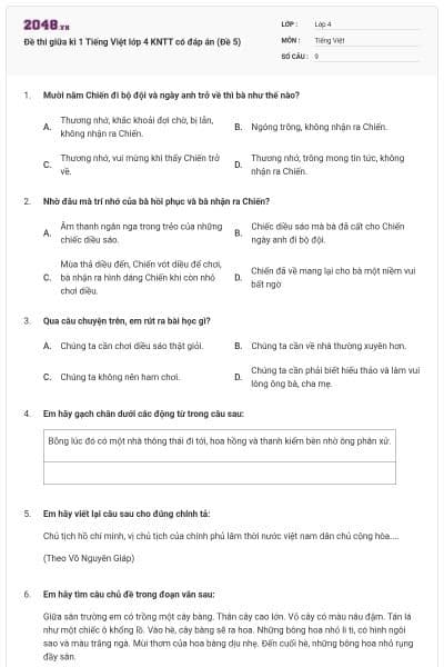 Đề thi giữa kì 1 Tiếng Việt lớp 4 KNTT có đáp án (Đề 5)