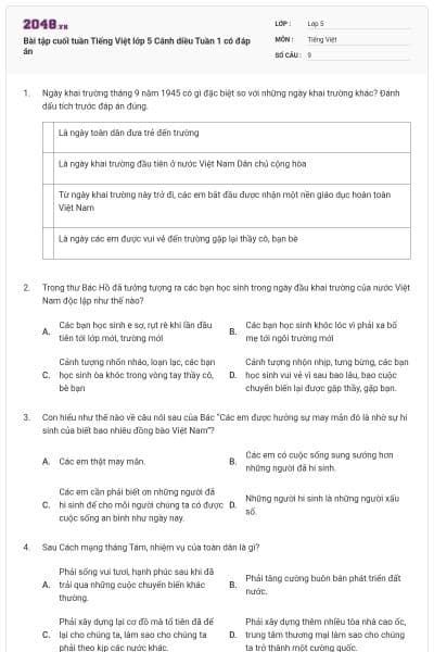 Bài tập cuối tuần Tiếng Việt lớp 5 Cánh diều Tuần 1 có đáp án