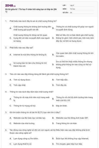 Đề thi giữa kì 1 Tin học 9 chân trời sáng tạo có đáp án (Đề 1)