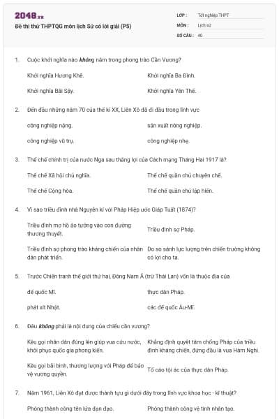Đề thi thử THPTQG môn lịch Sử có lời giải (P5)