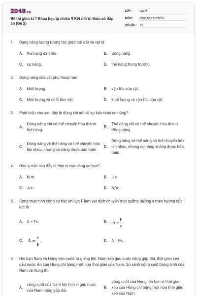 Đề thi giữa kì 1 Khoa học tự nhiên 9 Kết nối tri thức có đáp án (Đề 2)