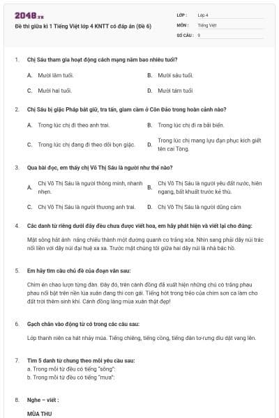 Đề thi giữa kì 1 Tiếng Việt lớp 4 KNTT có đáp án (Đề 6)