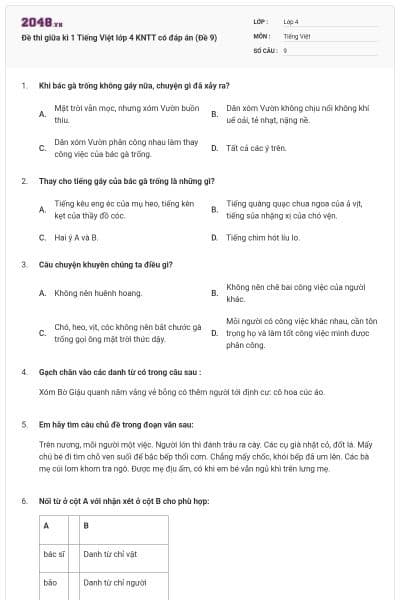 Đề thi giữa kì 1 Tiếng Việt lớp 4 KNTT có đáp án (Đề 9)