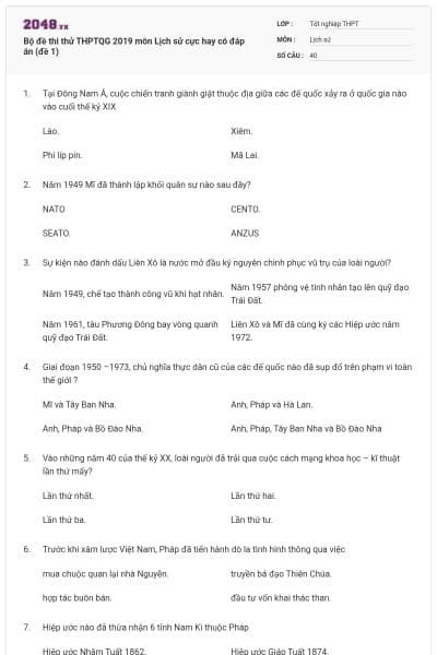 Bộ đề thi thử THPTQG 2019 môn Lịch sử cực hay có đáp án (đề 1)