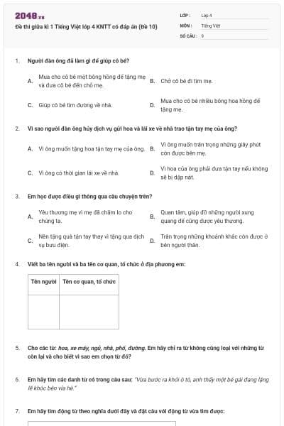 Đề thi giữa kì 1 Tiếng Việt lớp 4 KNTT có đáp án (Đề 10)