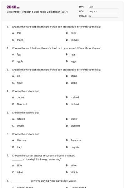 Đề kiểm tra Tiếng anh 6 Cuối học kì 2 có đáp án (Đề 7)