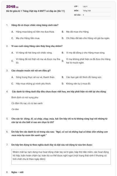 Đề thi giữa kì 1 Tiếng Việt lớp 4 KNTT có đáp án (Đề 11)