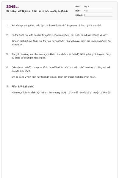 Đề thi học kì 2 Ngữ văn 6 Kết nối tri thức có đáp án (Đề 4)