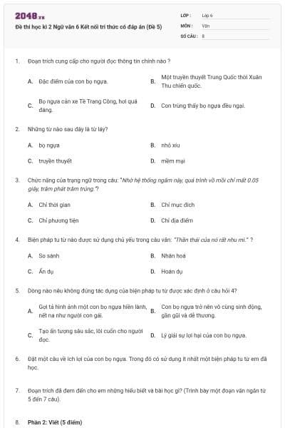 Đề thi học kì 2 Ngữ văn 6 Kết nối tri thức có đáp án (Đề 5)