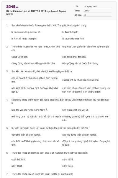 Đề thi thử môn Lịch sử THPTQG 2019 cực hay có đáp án (đề 1)