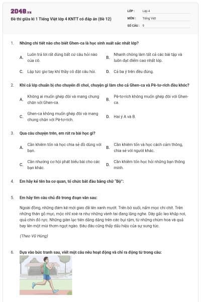 Đề thi giữa kì 1 Tiếng Việt lớp 4 KNTT có đáp án (Đề 12)