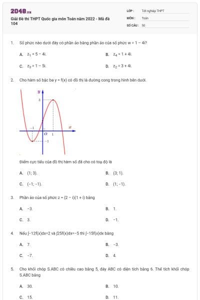 Giải Đề thi THPT Quốc gia môn Toán năm 2022 - Mã đề 104