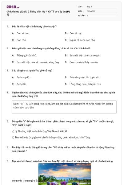 Đề kiểm tra giữa kì 2 Tiếng Việt lớp 4 KNTT có đáp án (Đề 5)