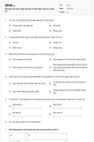 Bài tập cuối tuần Tiếng Việt lớp 5 Cánh diều Tuần 5 có đáp án