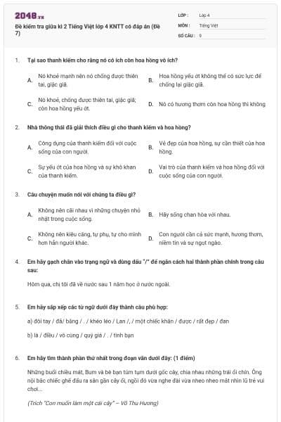 Đề kiểm tra giữa kì 2 Tiếng Việt lớp 4 KNTT có đáp án (Đề 7)