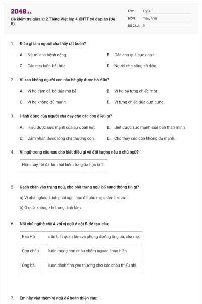 Đề kiểm tra giữa kì 2 Tiếng Việt lớp 4 KNTT có đáp án (Đề 8)