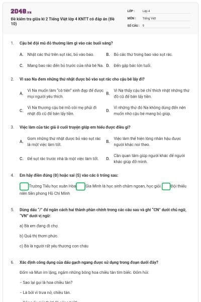 Đề kiểm tra giữa kì 2 Tiếng Việt lớp 4 KNTT có đáp án (Đề 10)