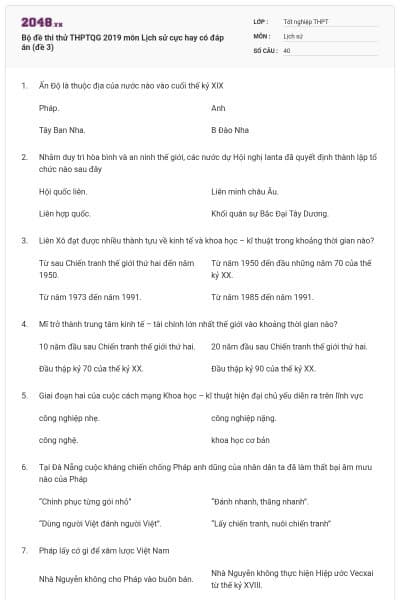 Bộ đề thi thử THPTQG 2019 môn Lịch sử cực hay có đáp án (đề 3)