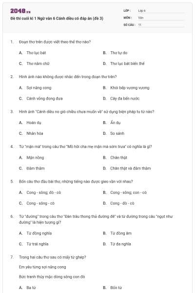 Đề thi cuối kì 1 Ngữ văn 6 Cánh diều có đáp án (đề 3)