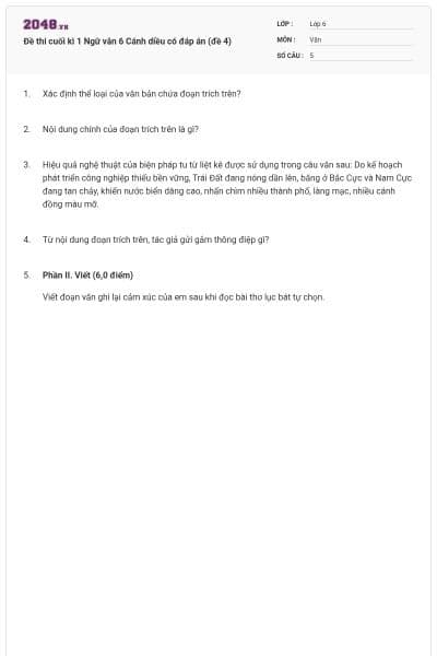Đề thi cuối kì 1 Ngữ văn 6 Cánh diều có đáp án (đề 4)