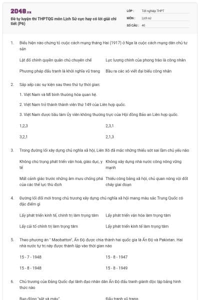 Đề tự luyện thi THPTQG môn Lịch Sử cực hay có lời giải chi tiết (P6)