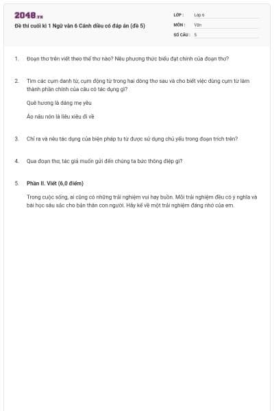 Đề thi cuối kì 1 Ngữ văn 6 Cánh diều có đáp án (đề 5)