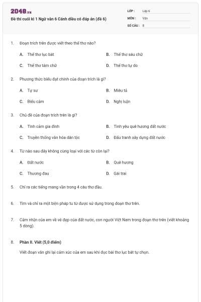 Đề thi cuối kì 1 Ngữ văn 6 Cánh diều có đáp án (đề 6)