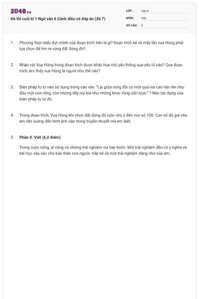 Đề thi cuối kì 1 Ngữ văn 6 Cánh diều có đáp án (đề 7)