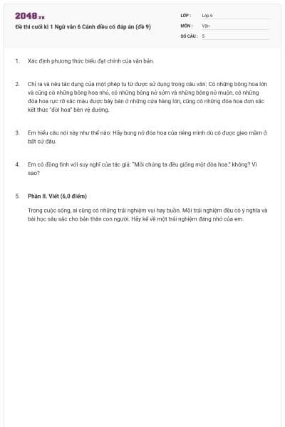 Đề thi cuối kì 1 Ngữ văn 6 Cánh diều có đáp án (đề 9)