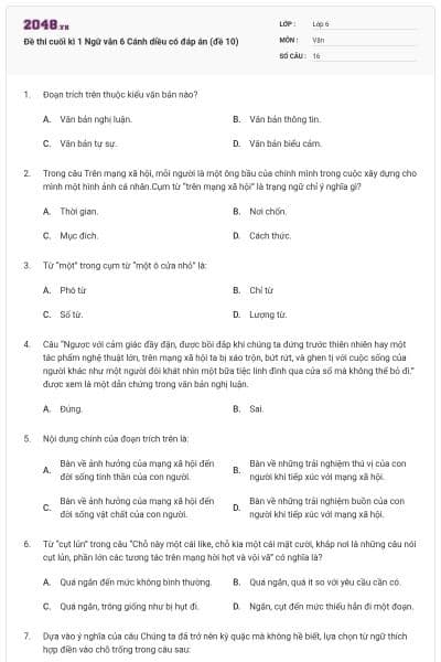 Đề thi cuối kì 1 Ngữ văn 6 Cánh diều có đáp án (đề 10)