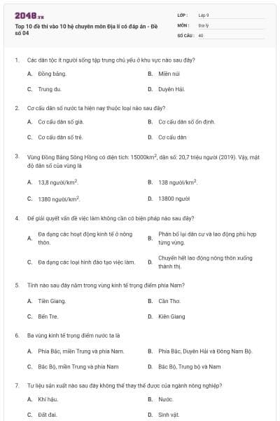 Top 10 đề thi vào 10 hệ chuyên môn Địa lí có đáp án - Đề số 04